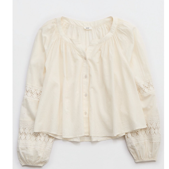 aerie Tops - Aerie Natural Crochet Button Shirt Women’s S Boho Peasant Lace Ruffle Blouse NWT